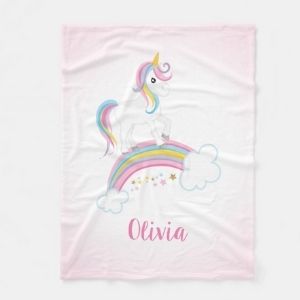 Pink Magical Rainbow Unicorn Personalized Fleece Blanket 