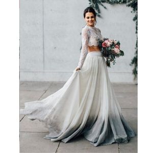 Two-Piece Grey Dyed Chiffon Wedding Dress with Long Sleeves